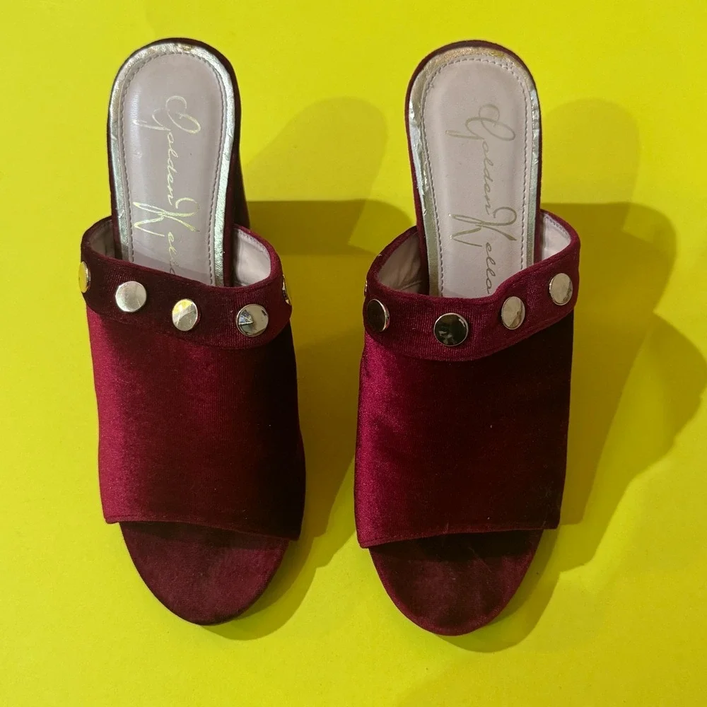 Burgundy Velvet Mule Heels Studded Block Heel Slip-On - Size 10‎ - Picture 4 of 6